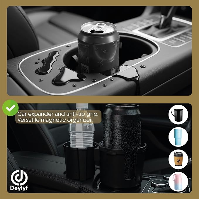 Car Cup Holder Expander - 2 in 1 Adjustable Cup Holder Adapter Set with Magnetic Bottle Mount Accessory - Fits Big Cups and Large Water Bottles - Drink Caddy