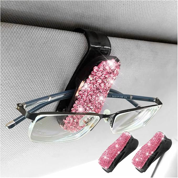Moly Magnolia Bling Car Glasses Holder, 2PCS Handcrafted Crystal Rhinestones Fashion Car Sunglasses Mount with Card Clip for All Sun Visors, Auto Interior Accessories for Women Girl (Pink)