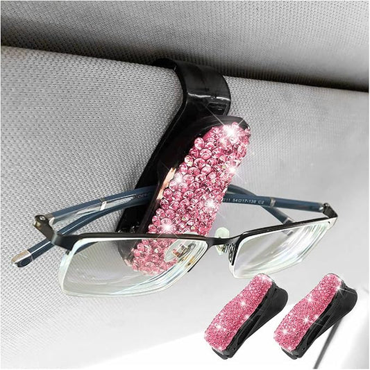 Moly Magnolia Bling Car Glasses Holder, 2PCS Handcrafted Crystal Rhinestones Fashion Car Sunglasses Mount with Card Clip for All Sun Visors, Auto Interior Accessories for Women Girl (Pink)