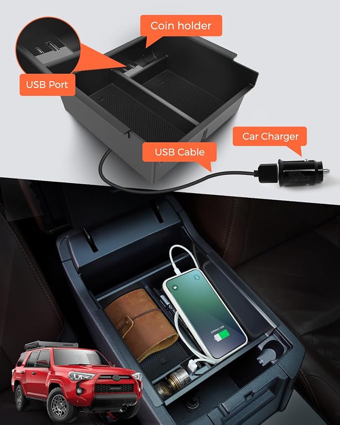 Upgrade for Toyota 4Runner Center Console Organizer Tray with USB Port 2010-2023 2024, Secondary Insert Storage Armrest Box ABS Black Materials for 4Runner 2010-2024 5th Gen Car Accessories