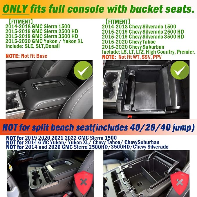 Center Console Organizer Fit Sierra/Silverado 1500 & Yukon/Tahoe/Suburban | Full Coverage, Compatible with 2014-2018 GMC Sierra 1500 /Chevy Silverado 1500,2015-2020 Yukon XL/Tahoe/Suburban