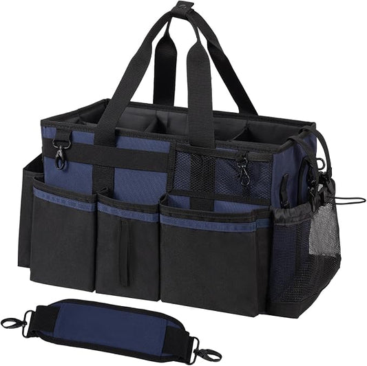 SCAVATA Wearable Cleaning Caddy, Cleaning Caddy Supplies Organizer with Handle & Shoulder Straps for Housekeepers, Under Sink & Car Cleaning Tool Organizers Bag with 4 Foldable Divider (NavyBlue)