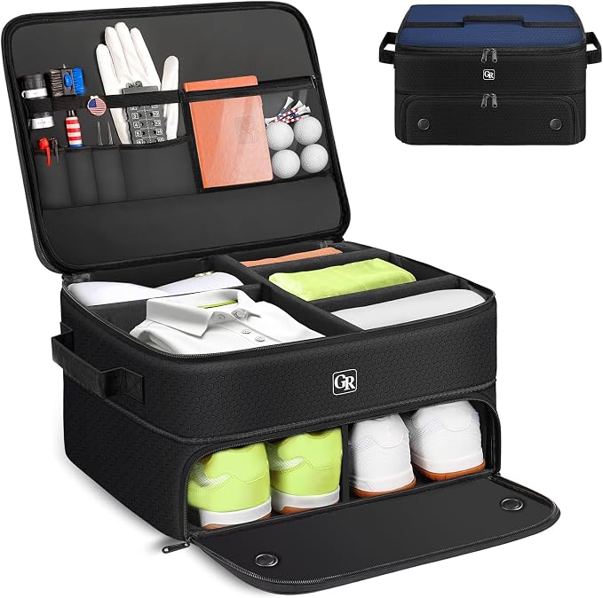 Odor-Absorbing 2-Layer Large Golf Trunk Organizer with Activated Carbon Fabric - Water-Resistant Golf Shoe Bag for Shoes Balls Tees Clothes Gloves Golf Accessories, Fathers Day Dad Gifts for Men