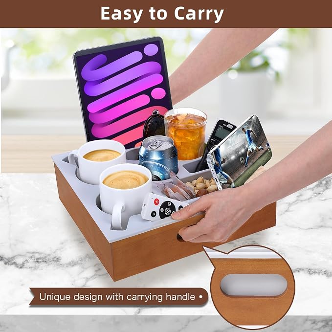 Hanaoyo Couch Cup Holder Tray, Soft Silicone Wooden Couch Caddy with Carrying Handle, Sofa Cup Holder for Bed Car Beach Organizer, Anti-Spill Sofa Cup Holder for Snacks Beverage Remote (Brown)