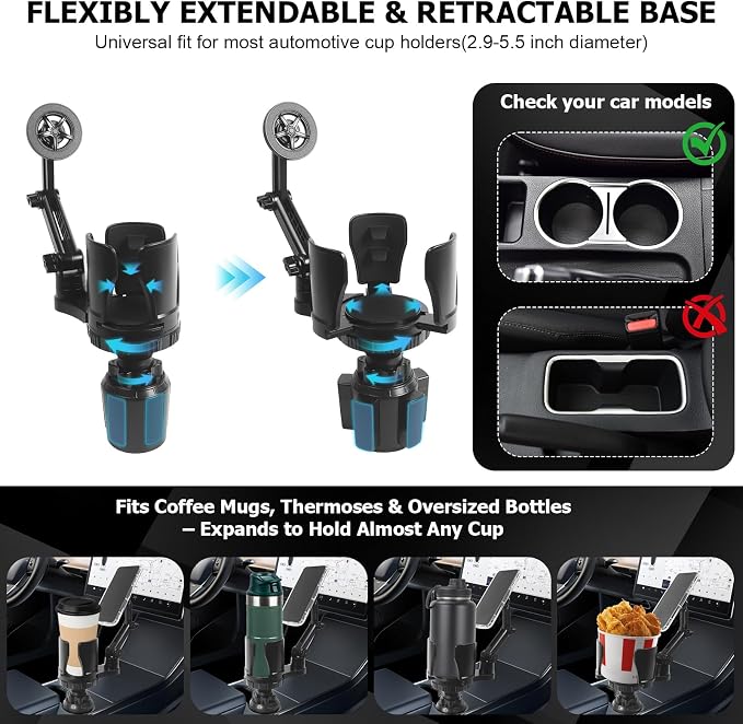 Frani Car Cup Holder Expander with Magnetic Phone Mount - Adjustable Insert Fits 2.68-4.33" Holders, 360° Adjustable Neck & Strong N52 Magnets for iPhone Samsung