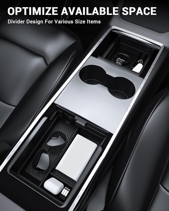 BASENOR 3PCS Center Console Organizer Compatible with Tesla Model Y 2021-2024 & Model 3 2021-2023, [Carbon Fiber Edition] Armrest Hidden Storage Box Interior Accessories