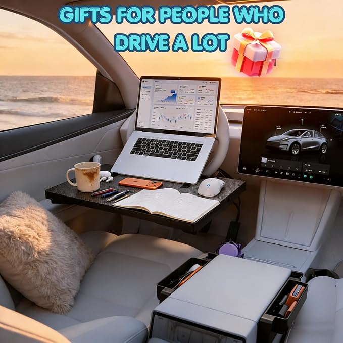 2-in-1 Car Steering Wheel Desk & Seat Gap Organizer Tray | Carbon Fiber Finish, Foldable Adjustable, Multi-use for Laptop Work, Eating and Storage, Gifts for Truck/ Tesla or SUV Owners