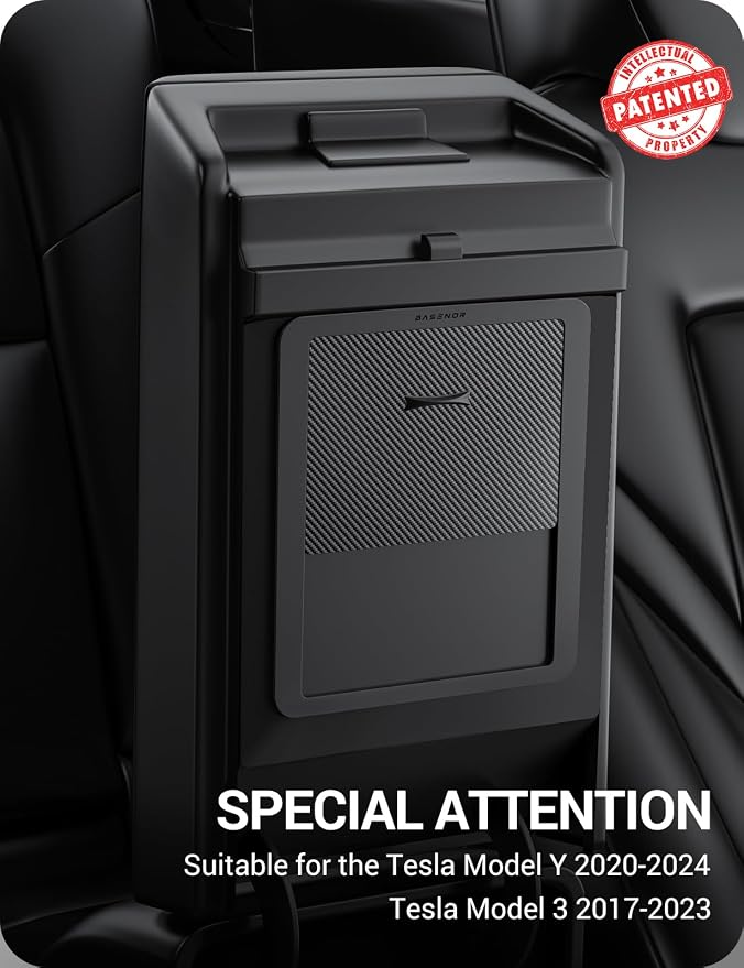 BASENOR Upgraded Tesla Model Y Model 3 Armrest Hidden Storage Box [Carbon Edition] [Powerful Magnetic] Center Console Secret Compartment Accessories 2017-2024 (Proprietary Design)