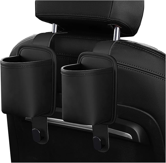 2-Pack Car Seat Back Cup Holder Organizer, Black | Faux Leather, With Hooks, Universal Backseat Storage, For Drinks, Bottles & Travel Accessories