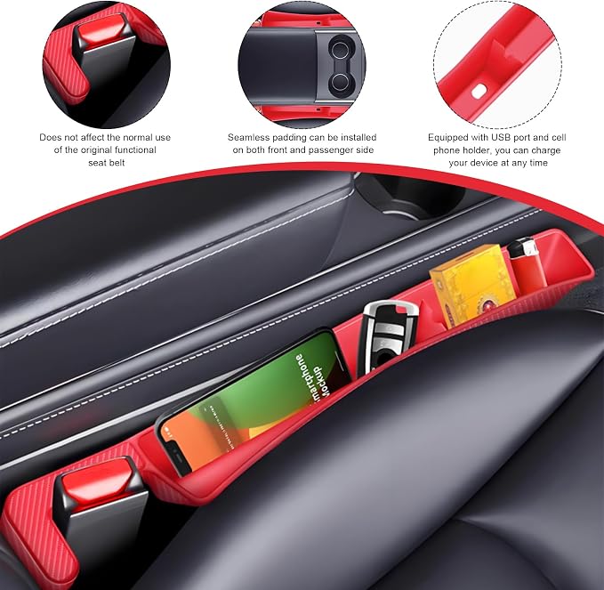 KVAEY 2PCS Car Seat Gap Filler, Automotive Seat Organizer Fill The Gap Between Seat and Console, Universal Car Gap Seat Storage for Phone Wallets and Keys, Car Accessories (Red)