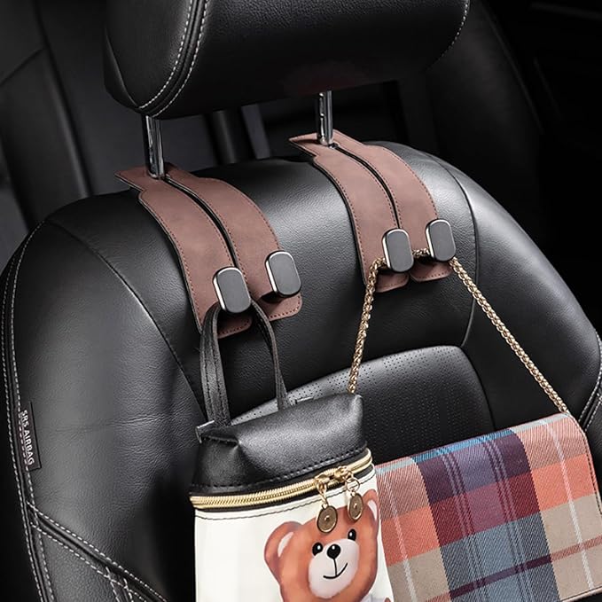 Amelity Universal Car Headrest Hooks, Women’s Car Interior Accessories for Purses Handbags Grocery & Backpacks, Brown 4 Pack
