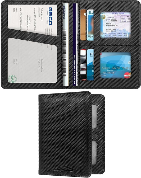 Car Registration and Insurance Holder, Premium Leather Insurance and Registration Holder,vehicle Glove Box Car Organizer, with Magnetic Shut for Cards, Driver License (Carbon Fiber Black-M)