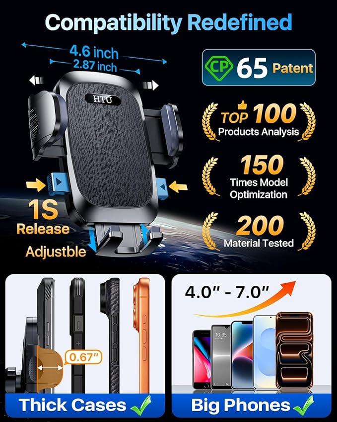 HTU Car Phone Holder【2026 Upgraded 100+LBS Suction & Safety Cert】 Cell Phone Car Mount for Truck Heavy Duty Phone Holder for Dashboard/Windshield/Vent for iPhone 17 16 Pro Max, Jet Black