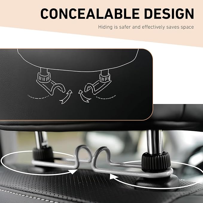 2 PCS Car Headrest Hooks, 10 KG Load Bearing Anti-slip Hanging Hanger, Rotatable Hidden Storage Hook, Universal Multifunction Seat Back Organizer for 0.47" - 0.59" Tube Diameter (Black)