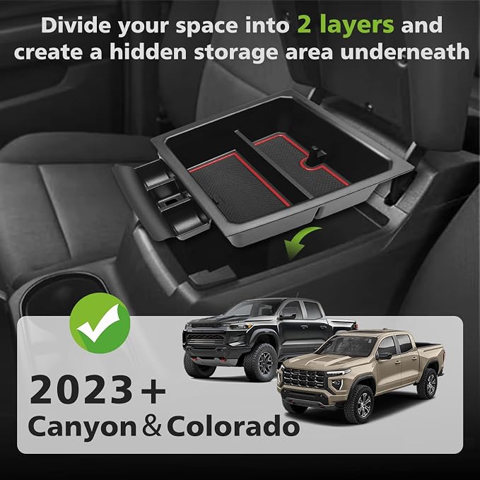 Muslogy Center Console Organizer Compatible with 2023-2025 2026 Chevy Colorado/GMC Canyon Accessories, Interior Storage Box Coin Container Armrest Secondary Tray Non-Slip Mat Fit with OEM Tray (Red)