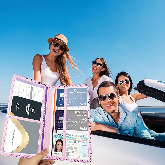 Car Registration and Insurance Holder with Magnetic Closure, Universal Document Organizer for License, Insurance Cards & Glove Box Storage (Leopard-Pink)