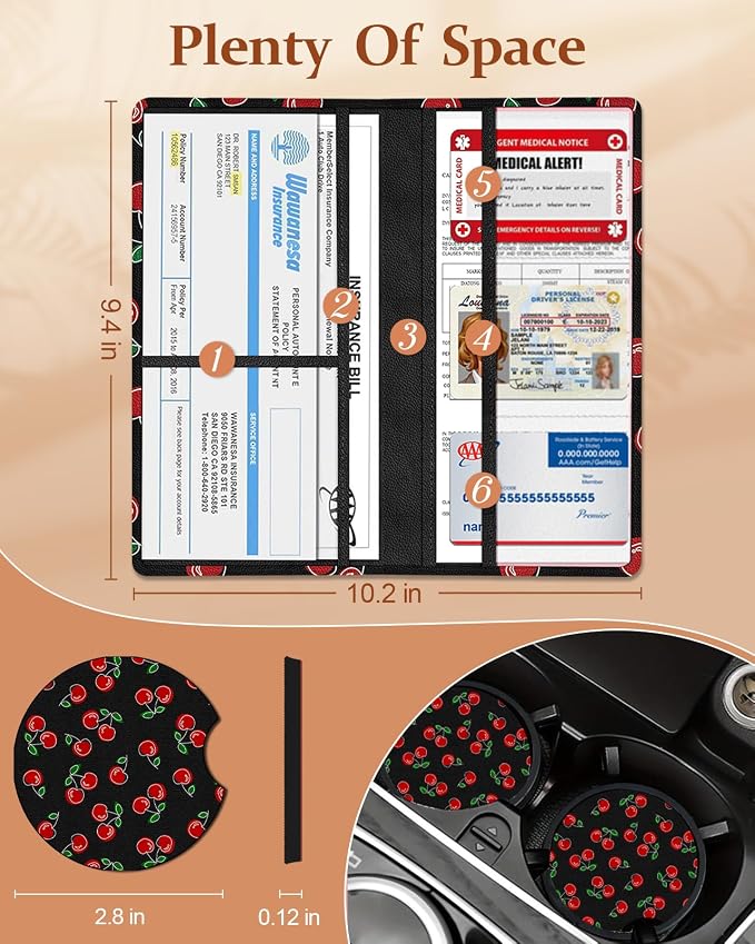 Slohif Car Registration and Insurance Card Holder with Magnetic Shut - Vehicle Glove Box Organizer Women Leather Automobile License Holders Coasters Auto Accessories Case for Document,Cherry