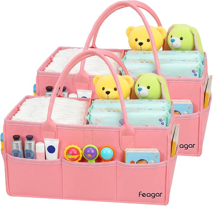 Feagar Baby Diaper Caddy Organizer, 15 Inch Large 2 Pack Set with 8 Pockets & 2 Dividers, Portable Nursery Storage Basket & Car Organizer for Changing Table, Travel (Pink)