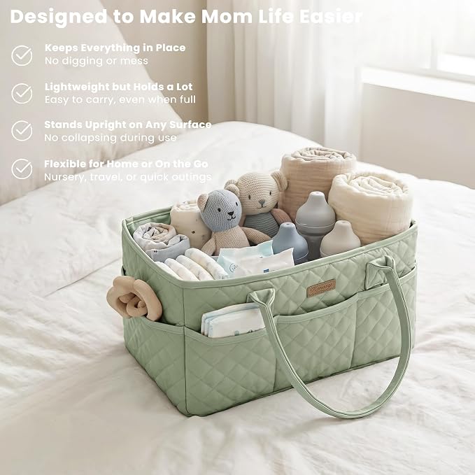 Konssy Quilted Diaper Caddy Organizer, Diaper Caddy Basket with Vegan Leather Handles, Water-Repellent Nursery Storage Basket, Portable Car Organizer, Registry Search Must Haves (Fog Green)