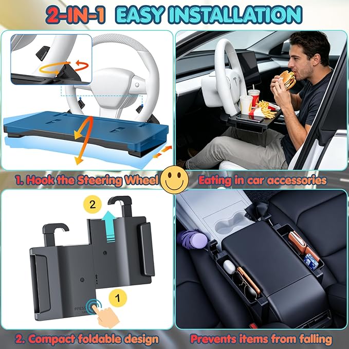 2-in-1 Car Steering Wheel Desk & Seat Gap Organizer Tray | Carbon Fiber Finish, Foldable Adjustable, Multi-use for Laptop Work, Eating and Storage, Gifts for Truck/ Tesla or SUV Owners