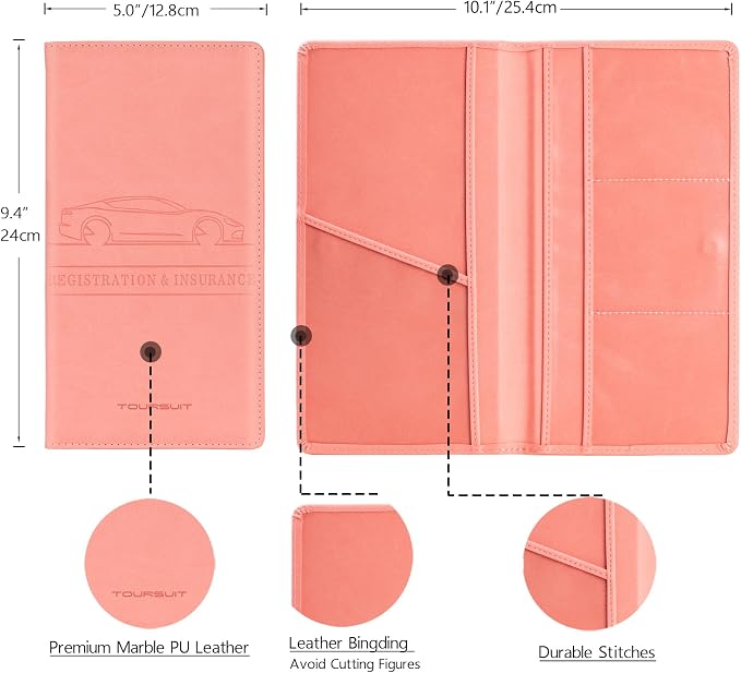 TOURSUIT Car Registration and Insurance Card Holder, Vehicle License Document Glove Box Compartment Organizer, Interior Car Accessories for Women Men (Pink)