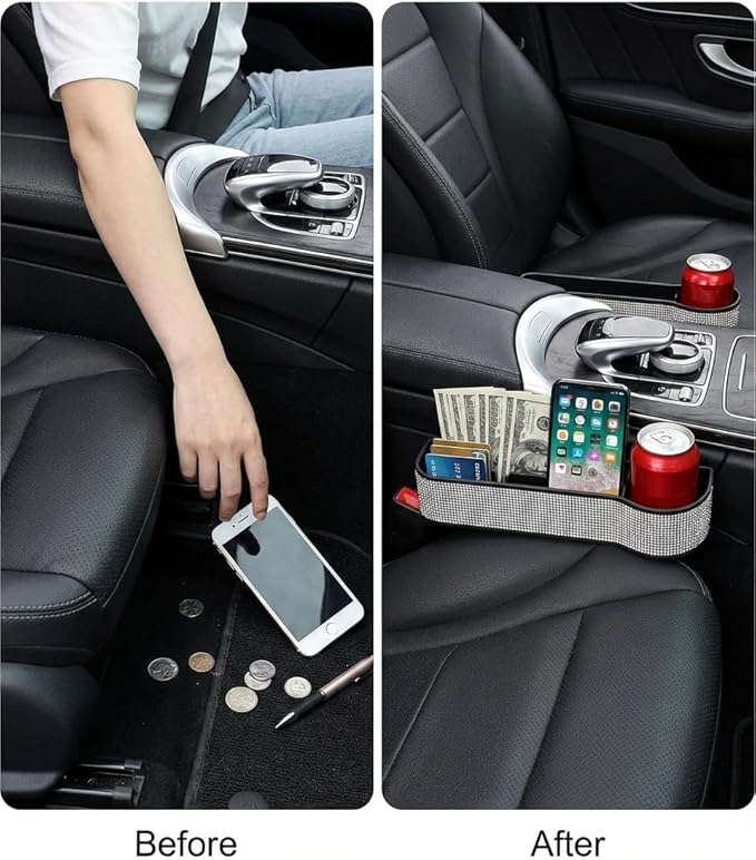 Bling Bling Car Seat Organizer Front Seat Gap Filler with Crystal Rhinestones Diamond, PU Leather Car Seat Console Storage Organizer for Car Accessories (Silver)