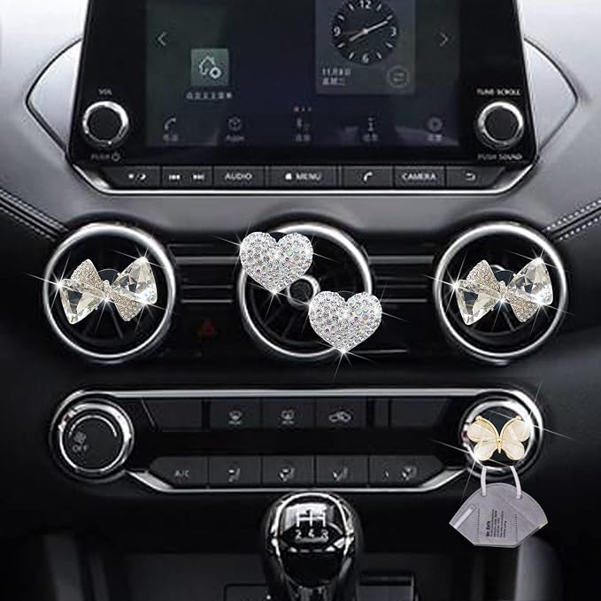 Bling Heart & Bow Diamond Heart Car Air Fresheners & Diffuser, 4 Pcs - Fun Car Vent Clips With Cute Butterfly Mask Hook