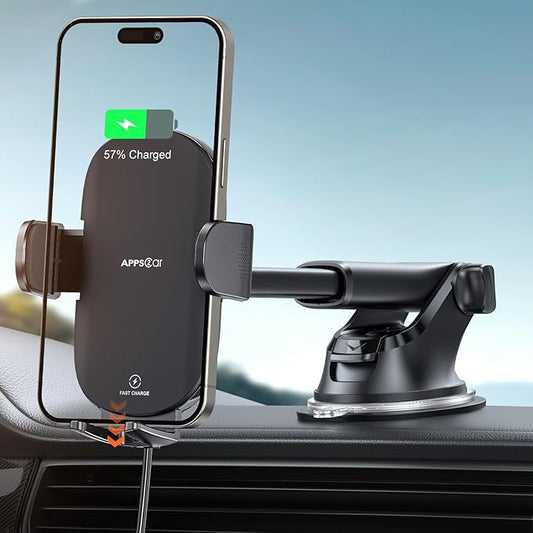 APPS2Car Suction Phone Mount Wireless Car Charger, 15W Dashboard Wireless Charger for Car, Compatible with iPhone, Samsung, LG and More