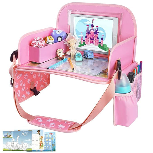 MENZOKE Kids Travel Tray for Toddler Car Seat, Road Trip Activities for Kids with iPad Holder Stand & Dry Erase Board, Road Trip Essentials Accessories Lap Tray as Travel Gifts for Kid, Pink