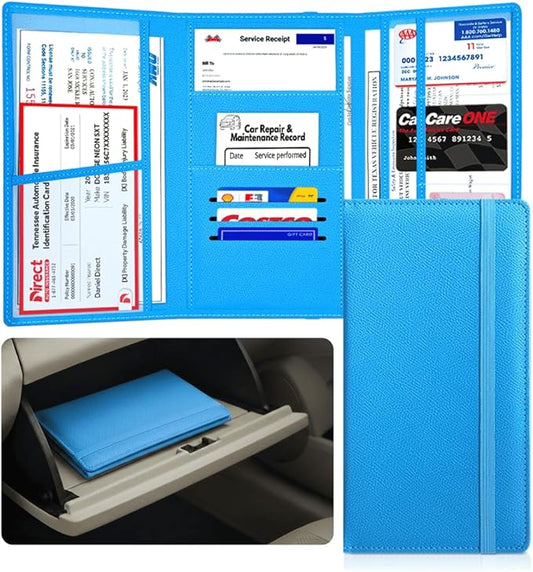 LINTRU Car Registration and Insurance Holder, 12-Pocket Trifold, Glove Box | 3.0mm Reinforced, 16"×9.5" Oversized, Elastic Strap No Magnet, PU Leather, Car Accessories for Men Women