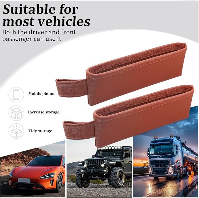 2PCS Car Seat Gap Filler Organizer, Leather Seat Gap Catcher Holder Pocket for Phones Keys Glasses, Auto Center Console Side Crevice Stopper Storage Box, Universal for Vehicles (Brown)