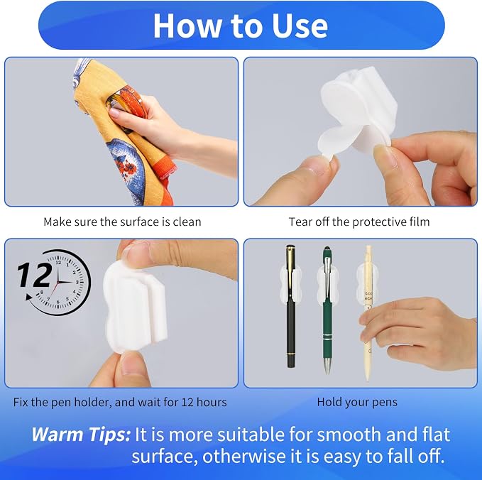 Biottro 12PCS Adhesive Pen Holder Pencil Holder for Desk Wall Clipboard Car Silicone Pens Markers Pencils Organizer Teacher Supplies Office Supplies (12PCS White)