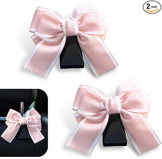 2PCS Car Seat Headrest Hooks, Car Purse Hook for Car, Car Hooks, Cute Bow Car Rear Seat Storage Hooks, Car Seat Storage Bag Hooks, Interior Decorating Accessories for Purses, Bags, Umbrellas (Pink)