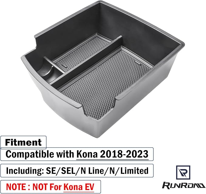 RUNROAD Center Console Organizer Tray Compatible with Hyundai Kona 2018-2023 Accessories, Insert Armrest Tray Console Storage Box Kona Organizer ABS Dividers Coin Holder, Black