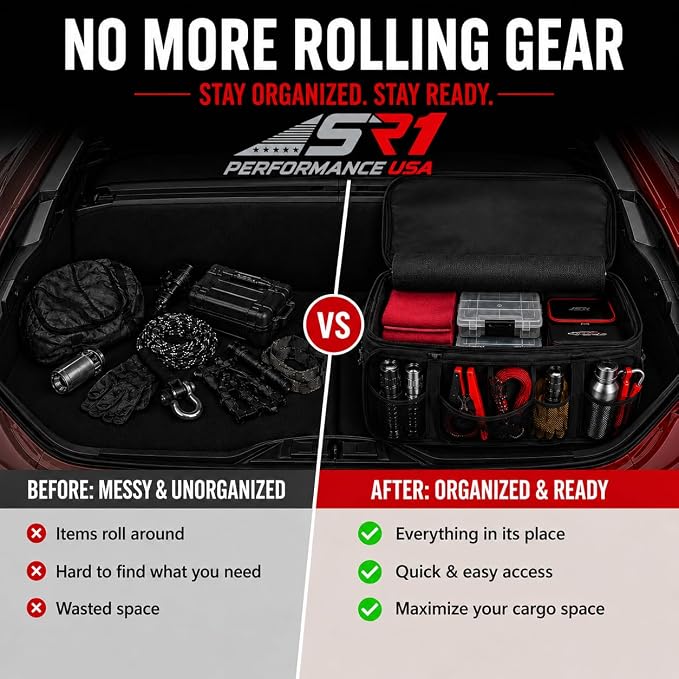 SR1 Performance USA Chevrolet Trunk Organizer - Expandable Pop Up Collapsible Cargo Storage Caddy for Chevy Cars, Trucks & SUVs - Black with Bowtie Logo