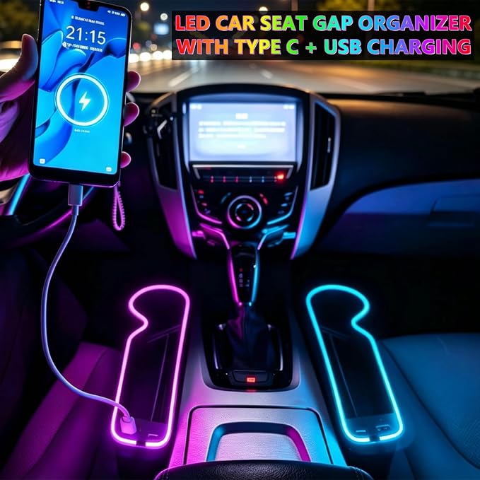 7 Color Led Car Seat Gap Organizer Car Seat Pocket Gap Filler with USB+C Charger,2 Pack Car Seat Gap Storage Console Side Gap Filler with Cigarette Lighter 2026 Fast Charger Seat Gap Filler (Black)