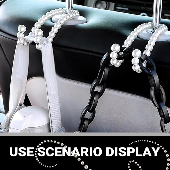 2 PCS Car Seat Headrest Hooks, Cute Pearl Car Purse Hook, Stainless Steel Auto Seat Backrest Storage Hook, Universal Automotive Interior Organizer Accessories for Women Girls (White)