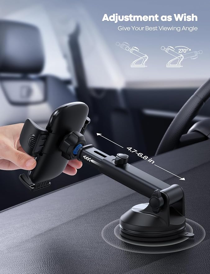 Lamicall Car Phone Holder - [Strongest Military-Grade Suction Cup] 360° Rotation Phone Holders for Your Car Quick Release Adjustable Phone Mount for Car Dashboard for iPhone 17 16 Pro Max Dark Grey