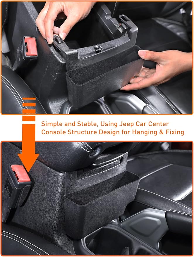 Savadicar Center Console Hanging Storage Organizer for 2018-2025 Jeep Wrangler JL JLU 4XE & Jeep Gladiator JT, Armrest ABS Tray with Microfiber for Reduce Noise, Interior Accessorise, Black