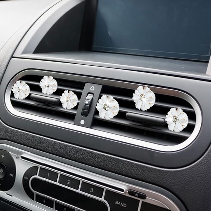 Daisy Air Vent Clips - 6 Pcs Cute Flower Car Air Fresheners Vents Clips Glam Car Interior Decor Charm Accessories for Women (White)+ Mask Hook