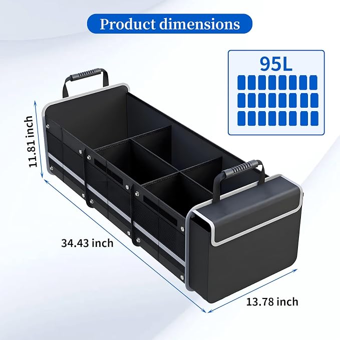 Collapsible Trunk Organizer for Car with Insulated Leakproof Cooler Bag, 3 Compartments SUV Cargo Organizer w/Removable Dividers, 5-in-1 Storage w/Foldable Lid & 2 Tie-Down Straps (Black)
