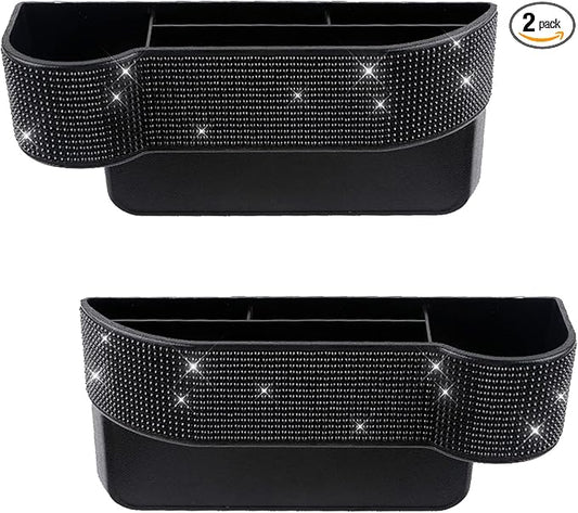 Bling Bling Car Seat Organizer Front Seat Gap Filler with Crystal Rhinestones Diamond, PU Leather Car Seat Console Storage Organizer for Car Accessories (2 Pack Black)