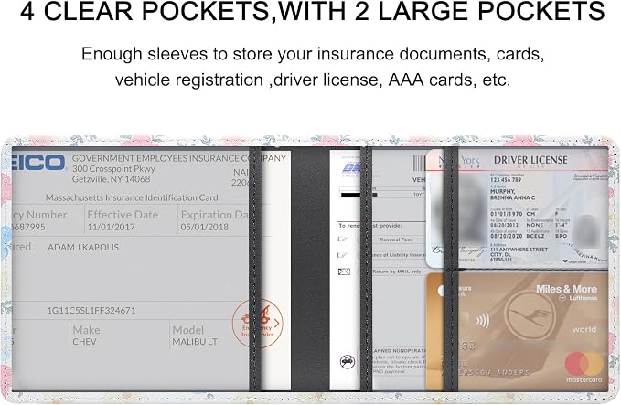 LumiMokki Car Registration and Insurance Holder, Leather Registration and Insurance Card Holder, Vehicle Glove Box Organizer - For Documents, Cards, License (Floral A)