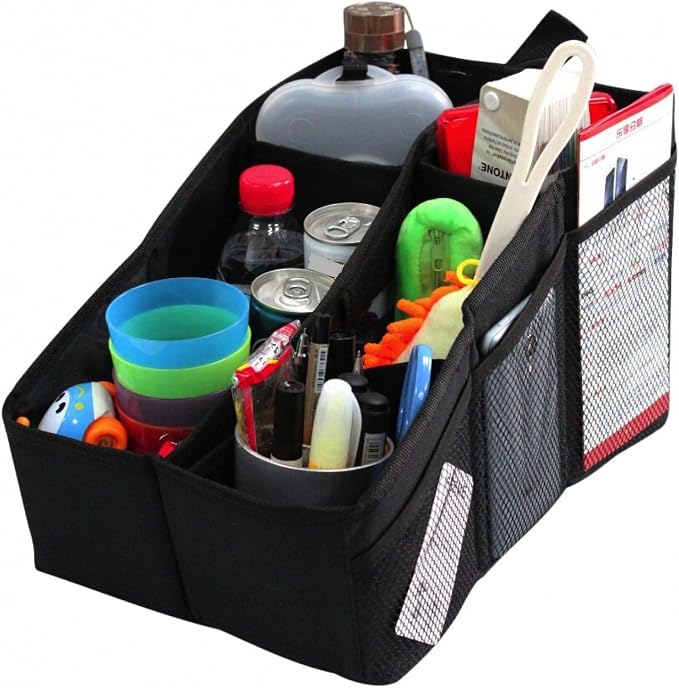 Car Organizer, Car Console Organizer with 6 Large Pockets, + Adjustable Dividers for Keeping Miscellaneous Items Organized- Use in Front or Back to Store Kids’ Toys, Books, Snacks etc