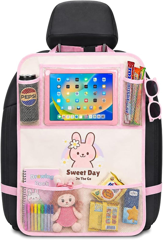 Backseat Car Organizer for Kids, Car Seat Organizer with 11” Touch Screen Tablet Holder, Rear Seat Storage Bag with Drink Pockets, Anti-Kick Seat Back Protector for Travel (Pink Rabbit)