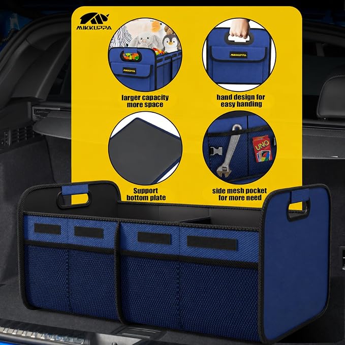 MIKKUPPA Car Trunk Organizer - 70L Collapsible Trunk Organizer for Groceries, Car Storage Organizers for SUV Auto Truck Van with Non Slip Bottom (Blue)