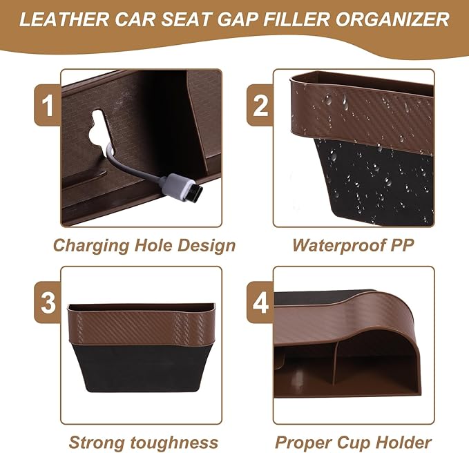 HARFINGTON Car Seat Gap Filler Organizer 10.6 x 7.1 x 2.8 Inch ABS+Leather Universal Car Organizer Storage Box Between Seat and Console (Right) with Cup Holders for Phone Keys, Brown