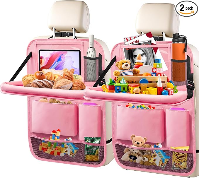 2Pack Car Backseat Organizer with Foldable Table Tray,6 Storage Pockets Car Storage Organizer with Tablet Holder,Car Seat Back Protectors Kick Mats Travel Accessories (Pink)