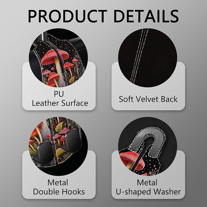 Blusabaca 2PCS Car Seat Back Storage Headrest Hooks, Mushroom Purse Holder Bags Hanger, PU Leather Double Metal Hook for Backseat Organizer, Women Car Accessories Organization