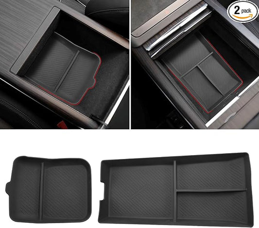 Jaronx Compatible with Tesla Model S/X Center Console Organizer 2021-2026, Silicone Console Organizer Armrest Storage Box Bottom Tray for Model S/X Accessories Plaid/Long Range(2PCS)